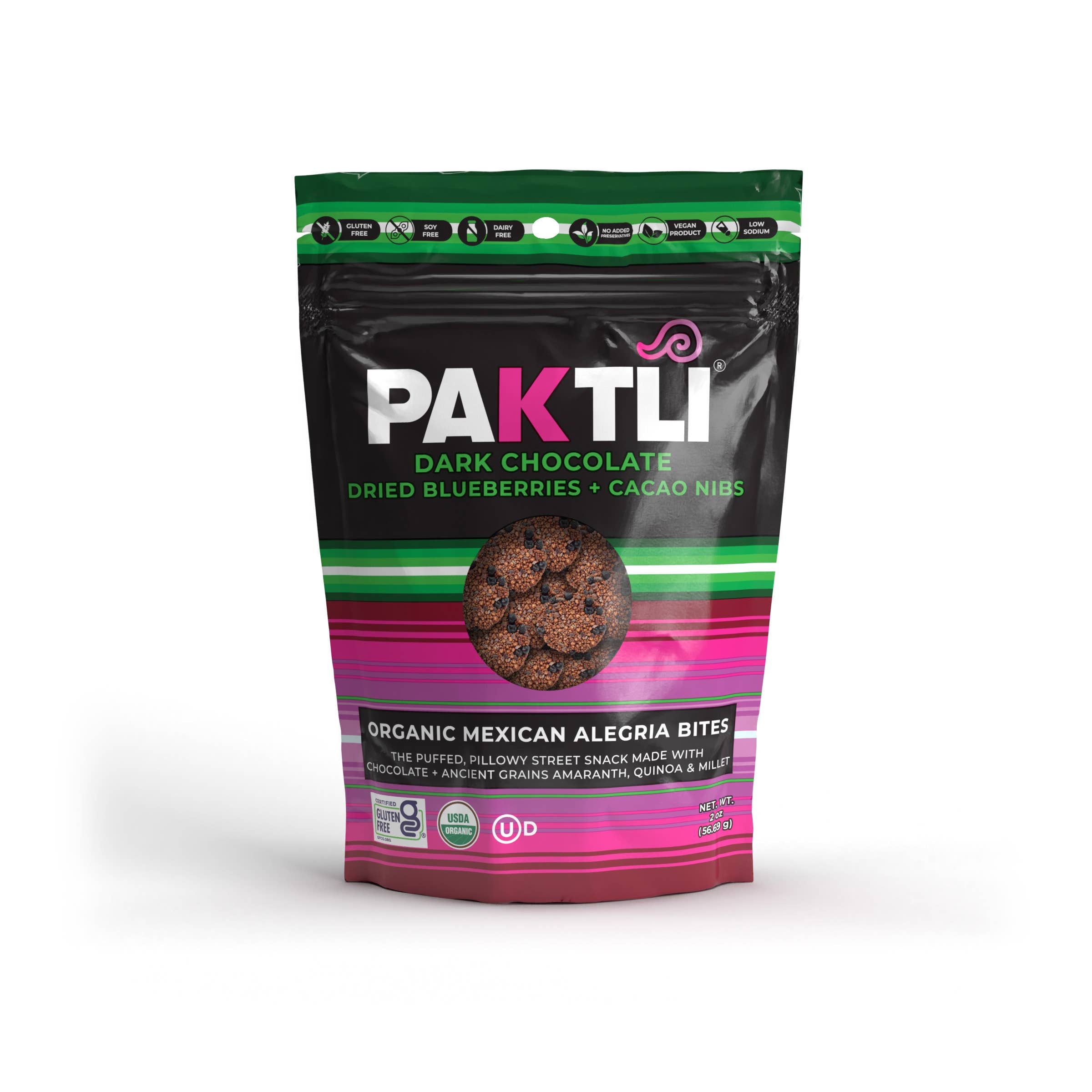 Paktli Foods - Wholesale Chocolate Covered Sweets - NEW Dark Chocolate Alegria Bites+Blueberries/Cacao Nibs18