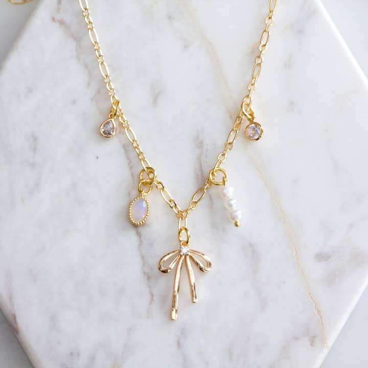 Opalite, Pearl, CZ Bow Charm Necklace for wholesale by Mesa Blue