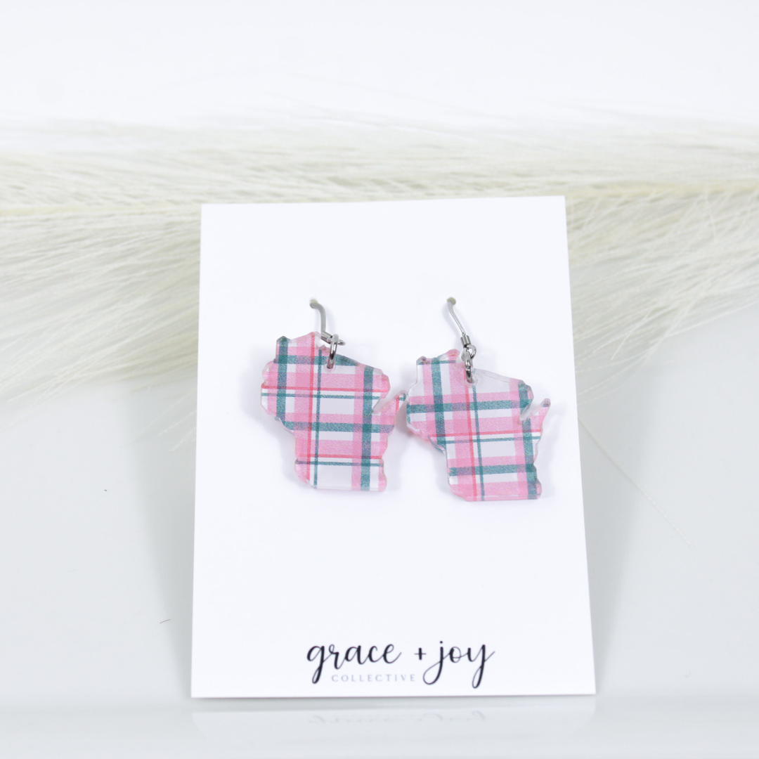 Grace + Joy Collective - Wholesale Dangle Earrings - Pink and grey plaid Wisconsin Dangle Earrings, Acrylic 1