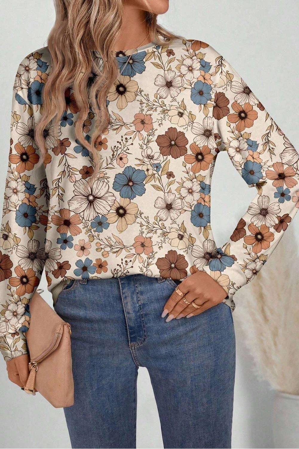 Khaki Floral Print Loose Crew Neck Long Sleeve T Shirt for wholesale on Faire3