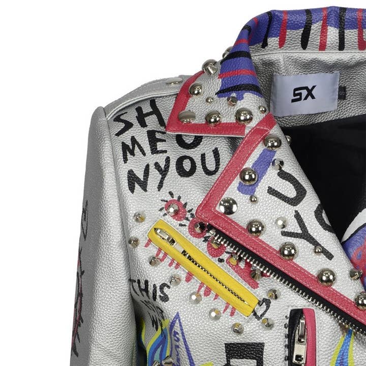 SILVER Punk Fashion Graffiti Rivets Motorcycle Leather Jacket for wholesale on Faire