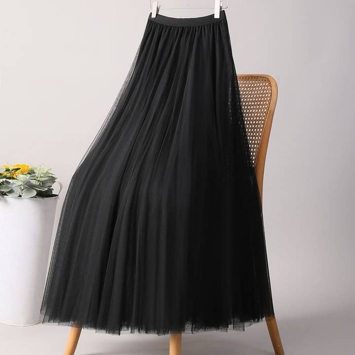 ACCITY - Wholesale Skirt - Women's - SOLID COLOR ELASTIC-WAIST MESH TULLE A-LINE SKIRT_CWBLS03729