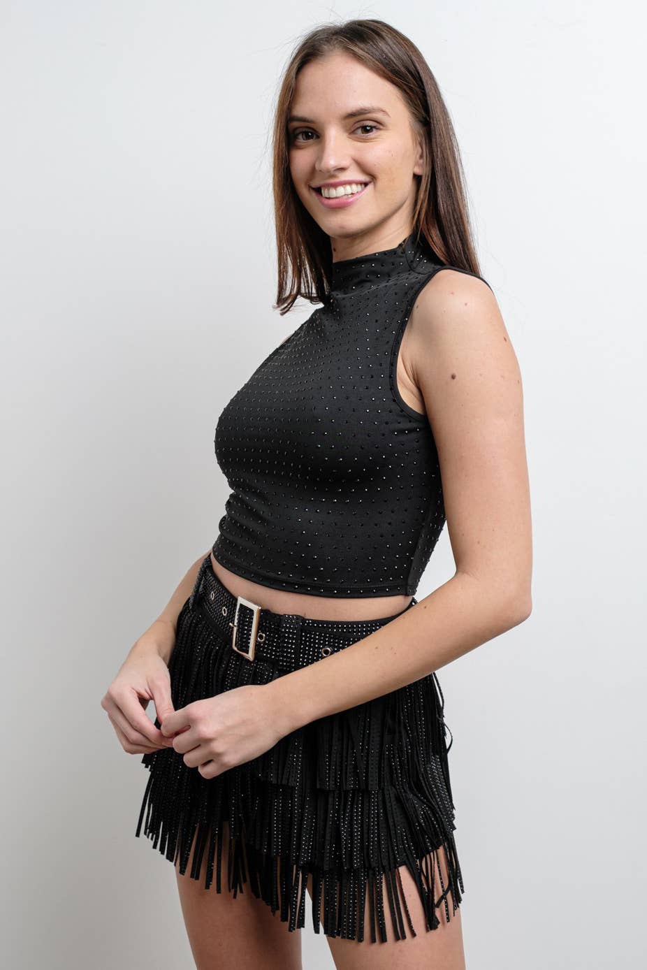 KIWI - Vente Jupe-short – femme - Jupe-culotte western en suédine avec franges et strass gris anthracite21