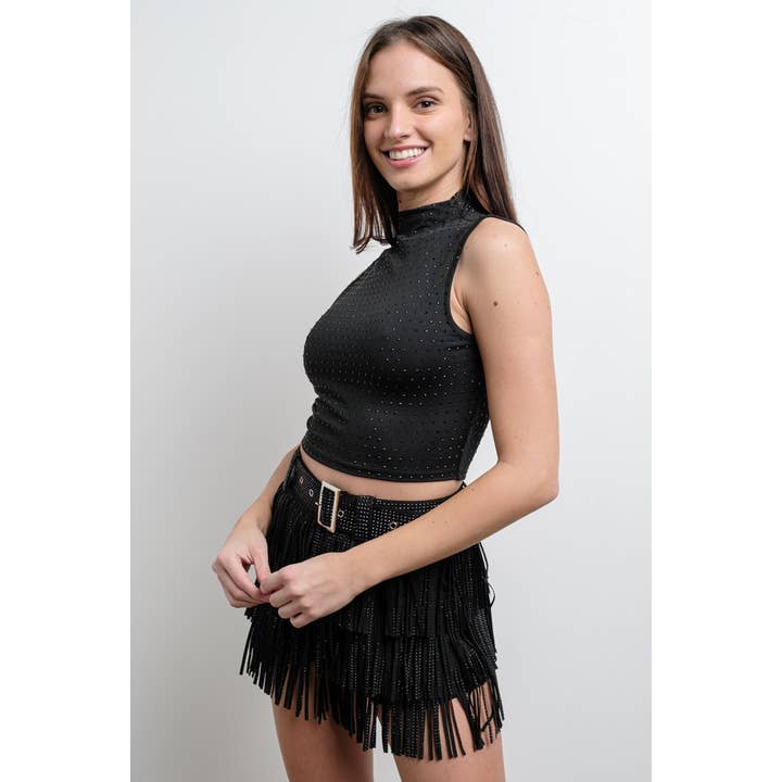 KIWI - Vente Jupe-short – femme - Jupe-culotte western en suédine avec franges et strass gris anthracite21