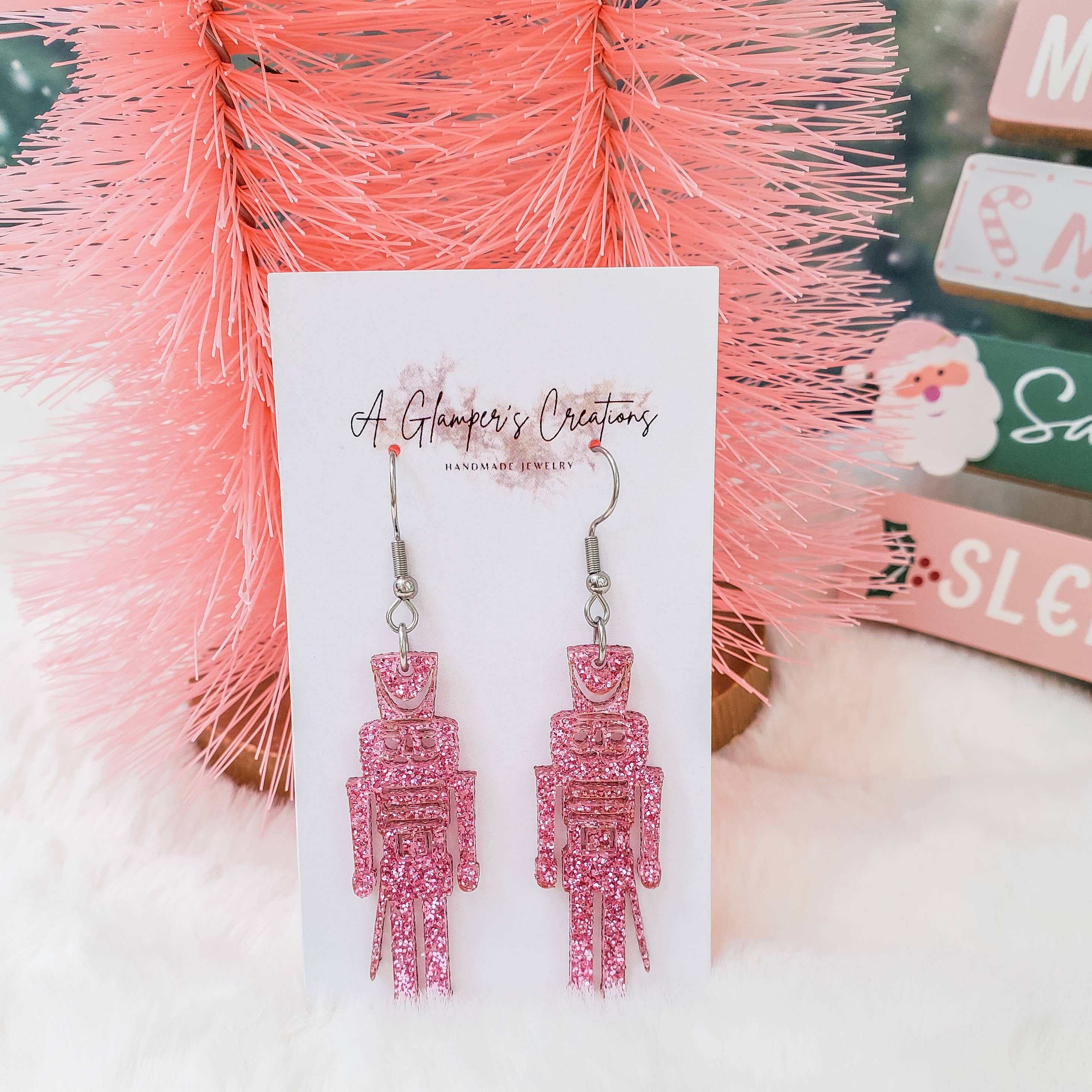 A Glamper's Creations LLC - Wholesale Dangle Earrings - Pink Glitter Nutcracker Acrylic Earrings1
