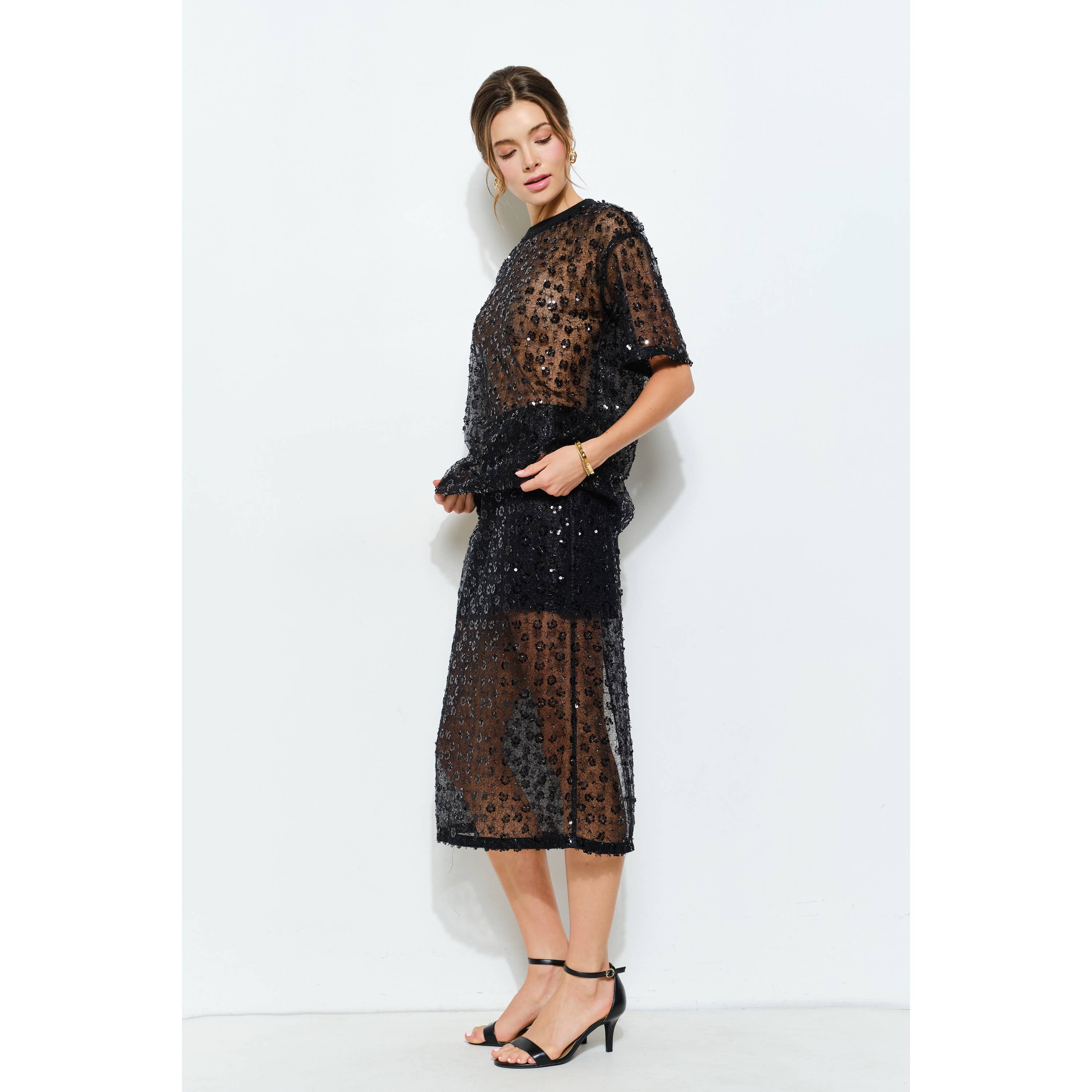 INA - Wholesale Skirt - Women's - Floral Sequin Embroidered Mesh Midi Skirt4