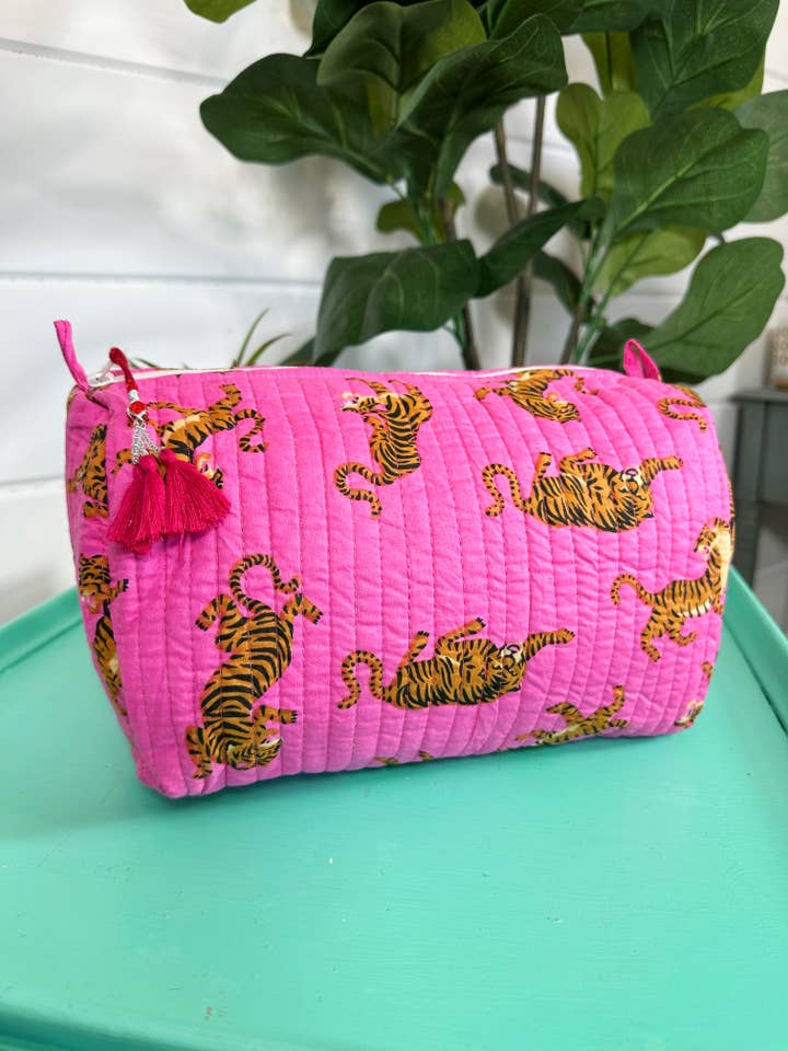 Quilted Pink Tiger Print Makeup Bag | Cosmetics Toiletry Bag for wholesale by Folklore Couture