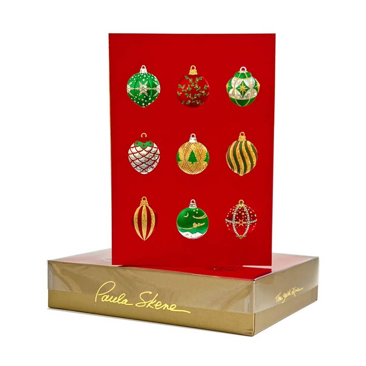 Ornament Medley on Red Christmas Card for wholesale by PAULA SKENE DESIGNS