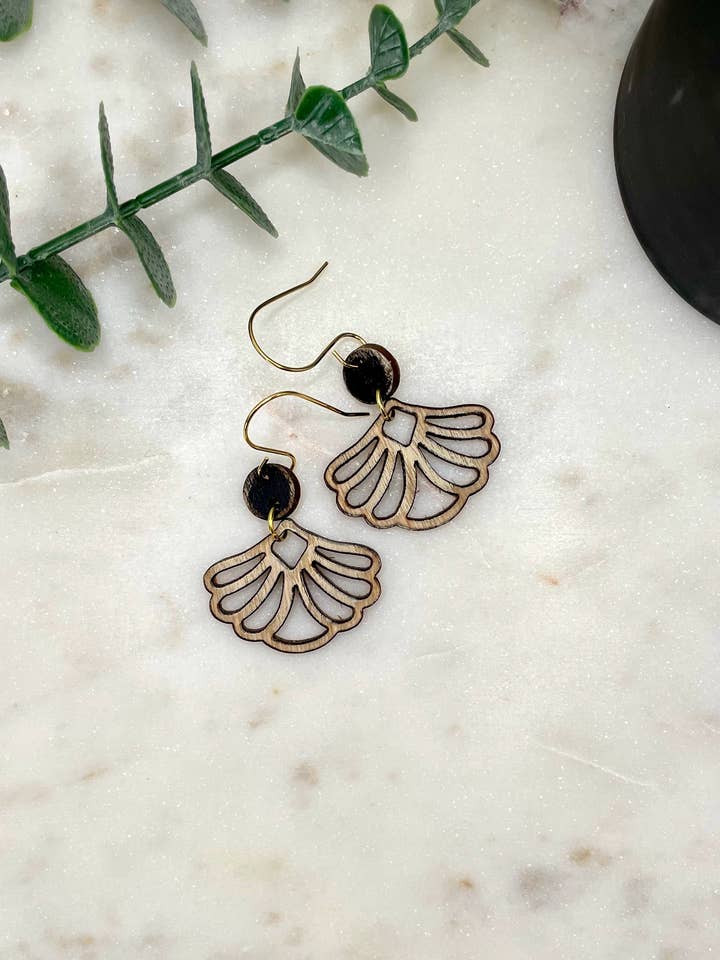 Scallop Flair Round Top Wood Dangle Earrings for wholesale by Rosey Oak Designs