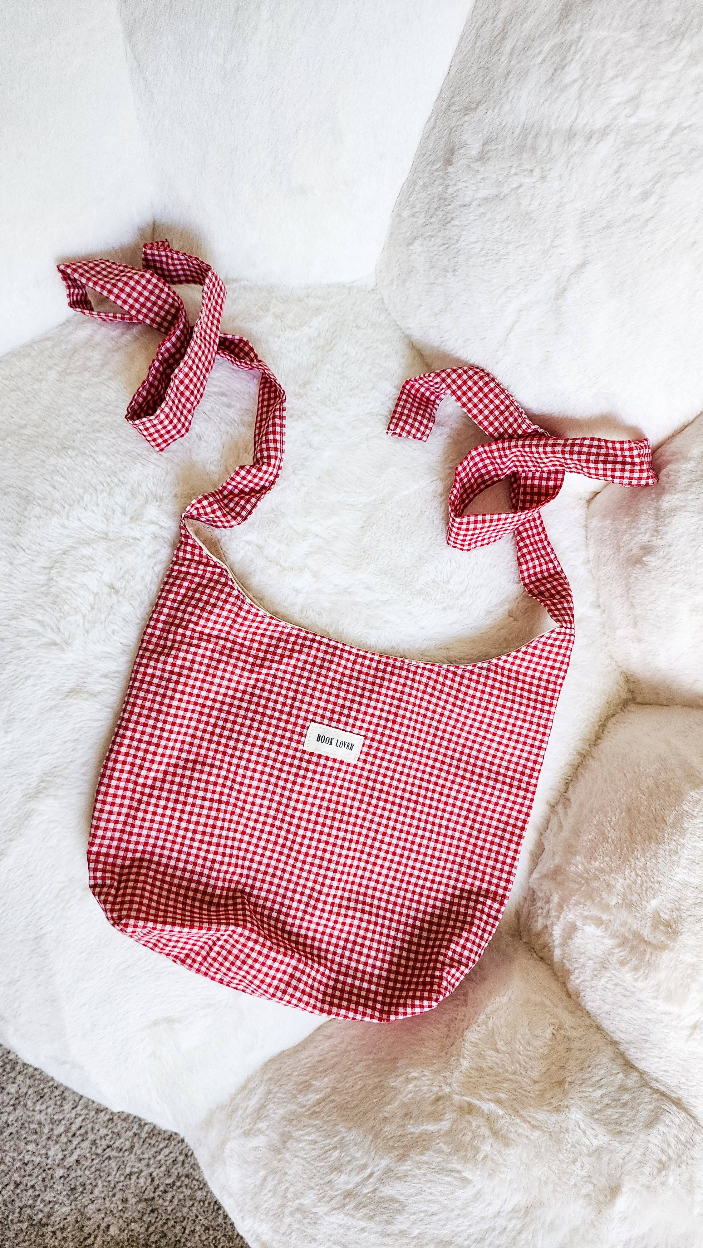 The Bean Workshop - Wholesale Tote Bag - Women's - Book Lover Gingham Cotton Tote Bag with Adjustable Strap1