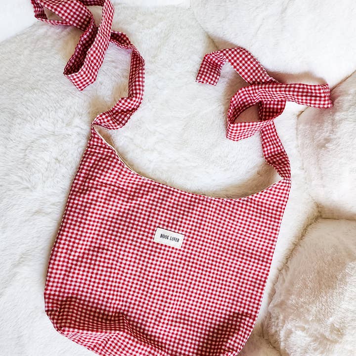 The Bean Workshop - Wholesale Tote Bag - Women's - Book Lover Gingham Cotton Tote Bag with Adjustable Strap1