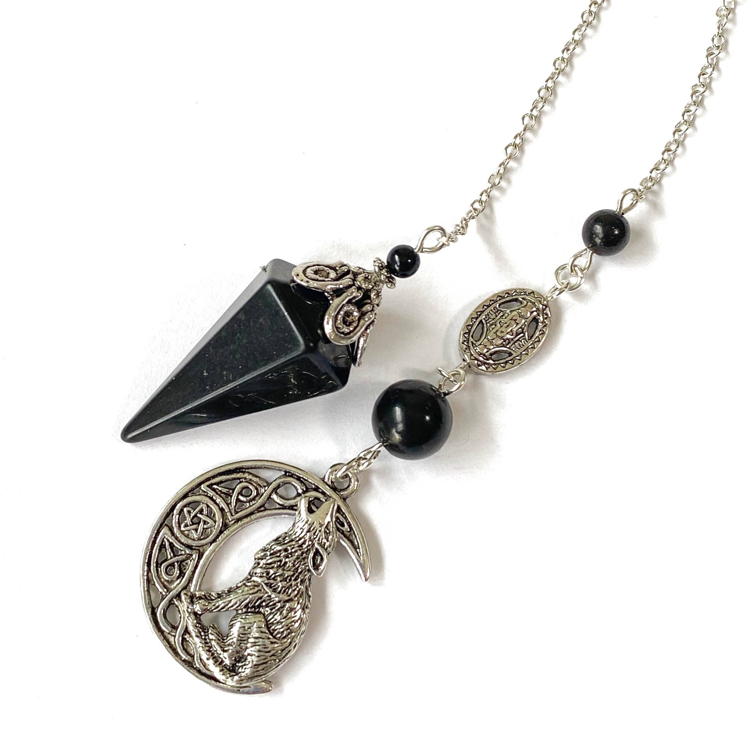 Glorious Healing Crystals - Venta al por mayor Artículo de meditación - Péndulo de shungita con lobo aullando en luna celta, péndulo3