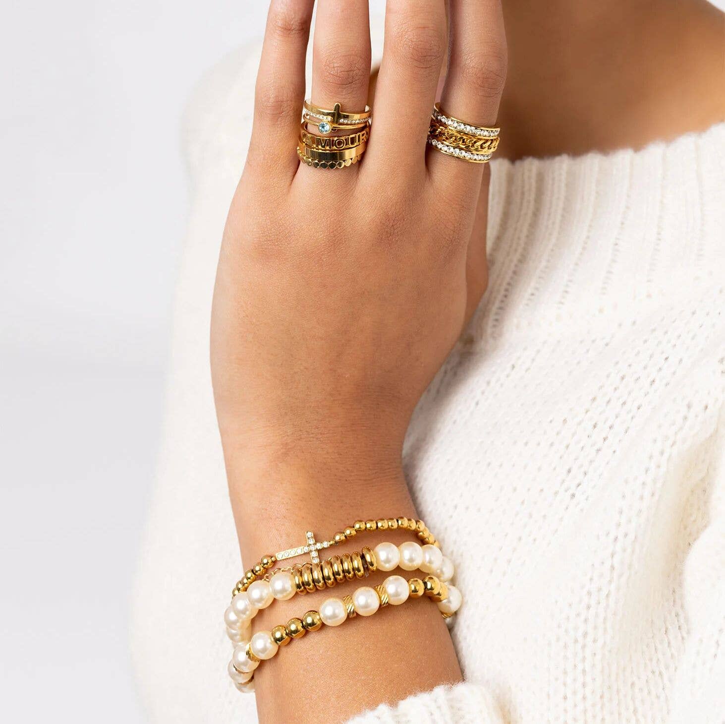 WJW - Wholesale Charm/Dangle Bracelet - 18K Gold PVD CZ Cross Beaded Stretch Bracelet5