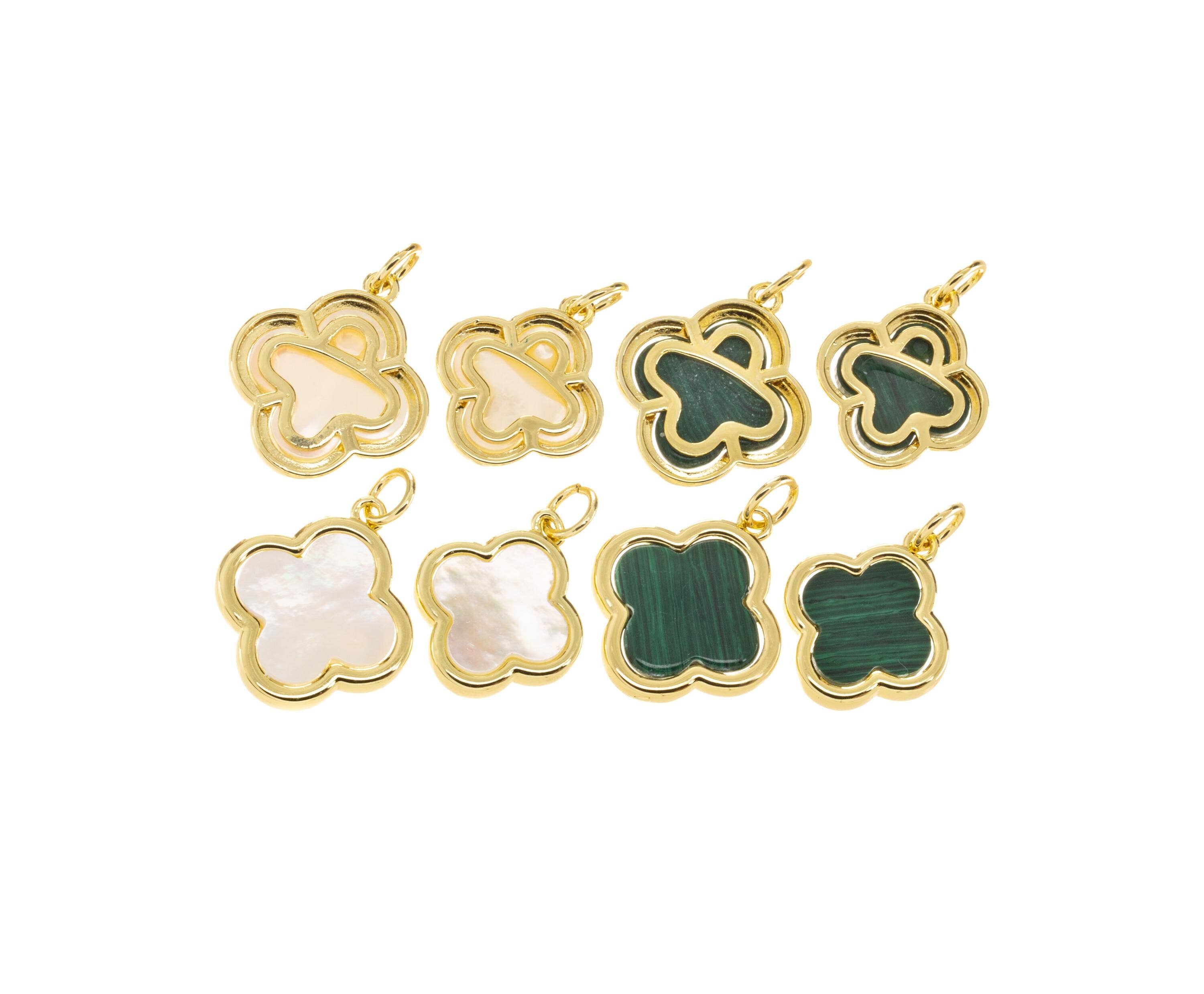 Jewel Pledge - Wholesale Individual Charm/Pendant - Gold & Malachite Clover Charms, Mother of Pearl Flower Charm2