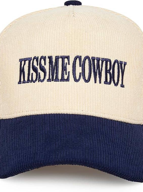 Tvåfärgad Corduroy Mössa - Kiss Me Cowboy - Marinblå/Beige för wholesale av Funky Junque
