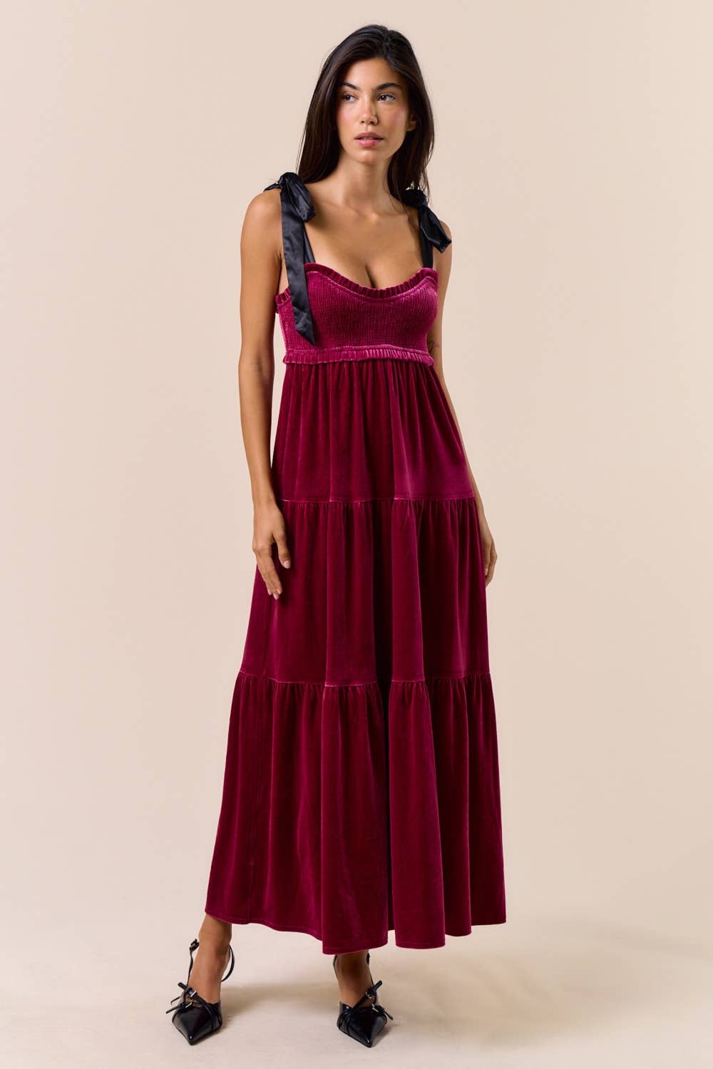 Lalavon - Wholesale Dress - Women's - ILD5094 VELVET SATIN BOW SHOULDER TIE MAXI DRESS 4
