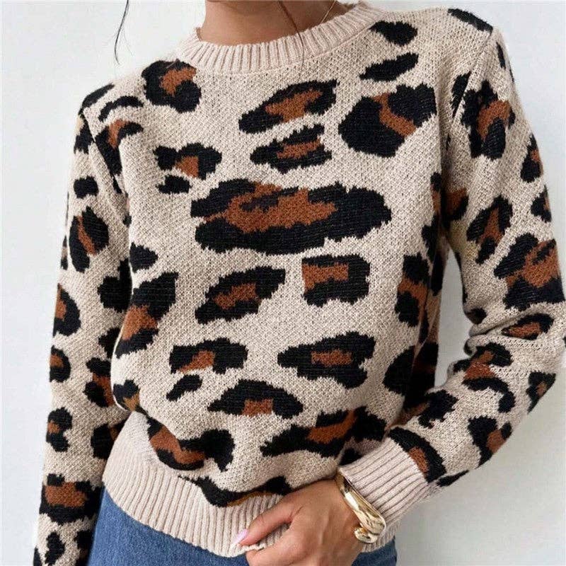 KHAKI Round Neck Color Block Leopard Print Sweater for wholesale on Faire2