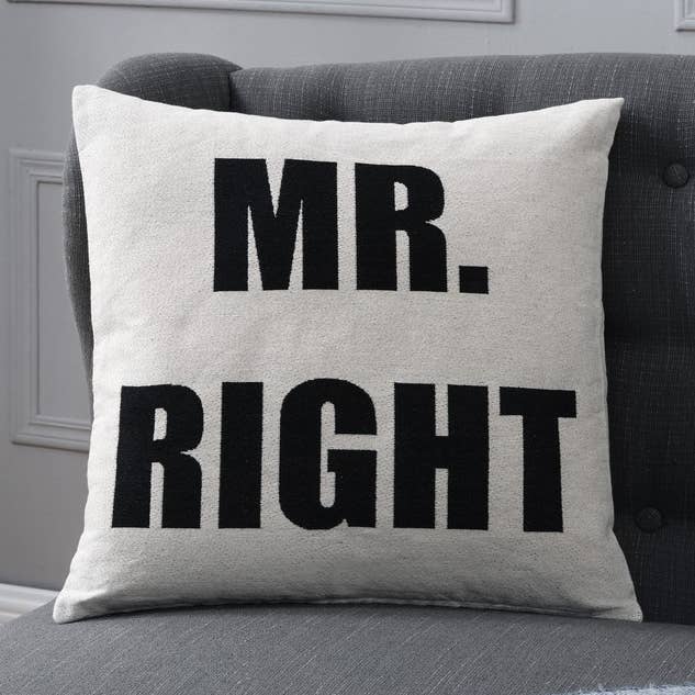 Mr. Right White Cotton Jacquard Printed Decorative Pillow for wholesale by Danya B