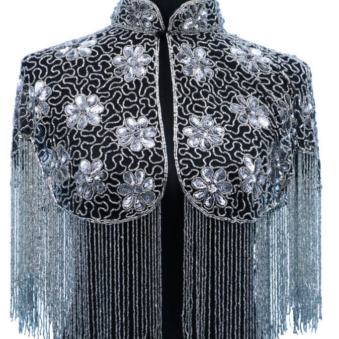 Western Fashion - Wholesale Capelet – Women’s - 8893 - Beaded Shawl Solver - Silver Fringes with Collar0
