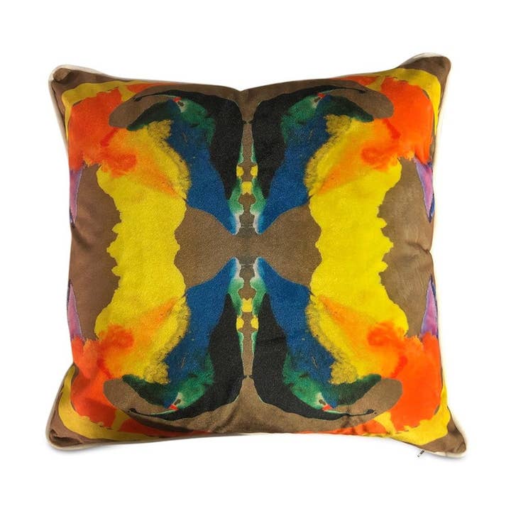 Coussins kaléidoscopiques abstraits contemporains avec impression sur velours des deux côtés avec passepoil blanc de 16 po x 16 po pour la vente par Magic Hill - Mercantile