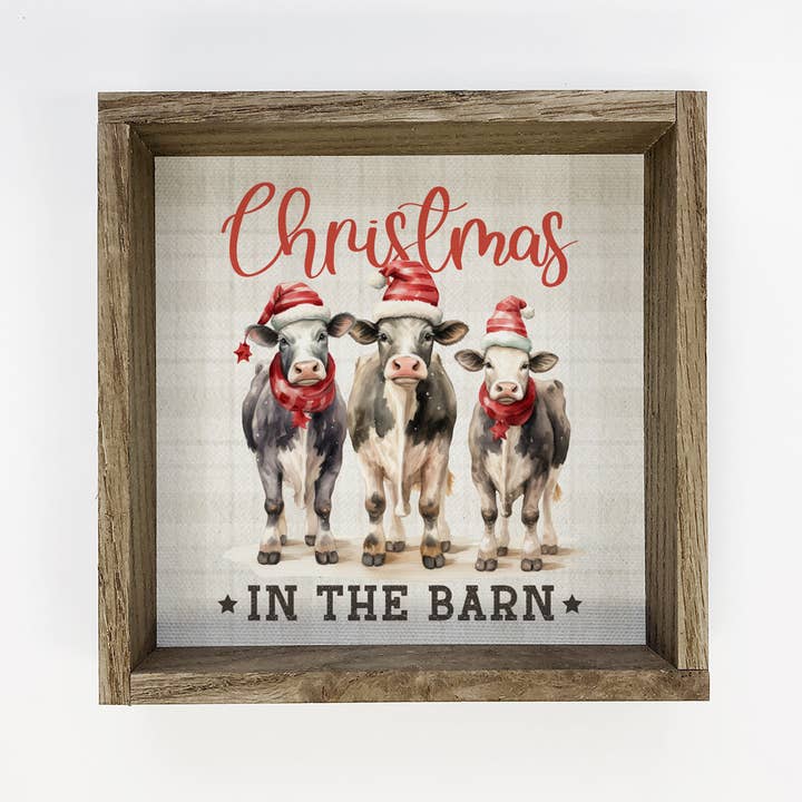 Christmas in the Barn - Framed Holiday Canvas Art - Cow Art for wholesale by Hangout Home