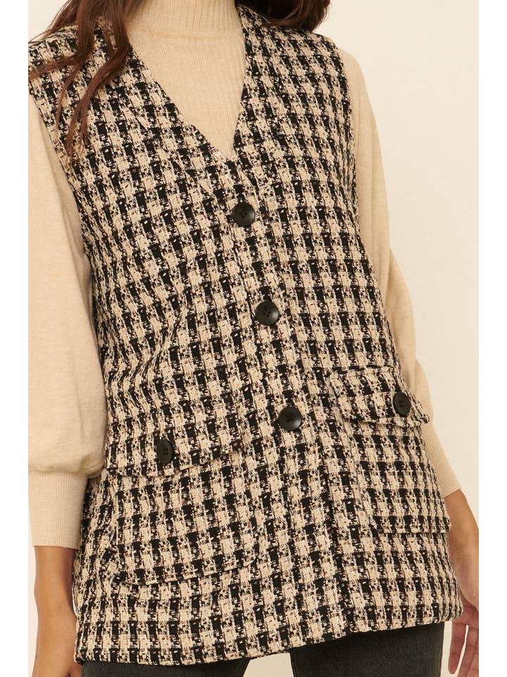 SAND BLACK Tweed Plaid V Neck Button Front Pocket Vest for wholesale on Faire