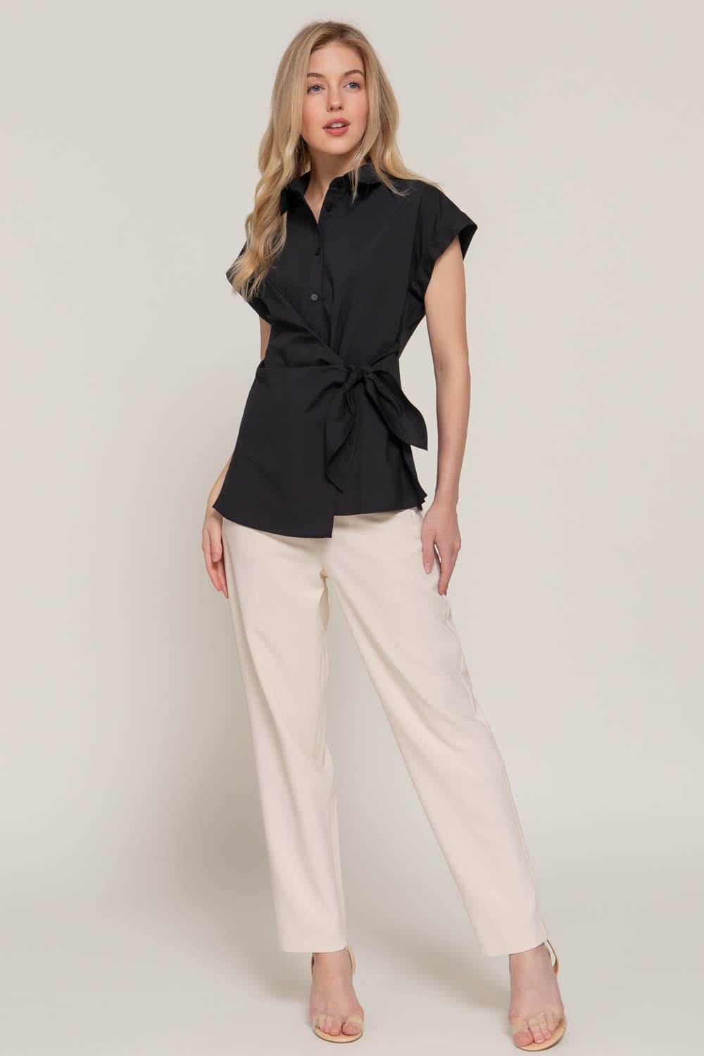 Active Basic | Active USA - Wholesale Button Down Shirt - Women's - Short Dolman Sleeve Button Down Side Knot Poplin Shirt3