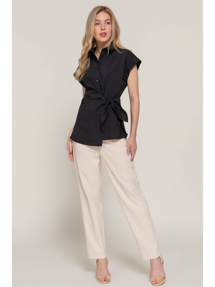 Active Basic | Active USA - Wholesale Button Down Shirt - Women's - Short Dolman Sleeve Button Down Side Knot Poplin Shirt3