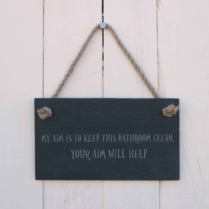 Panneau à suspendre « My Aim Is to Keep This Bathroom Clean » pour la vente par The House nameplate company