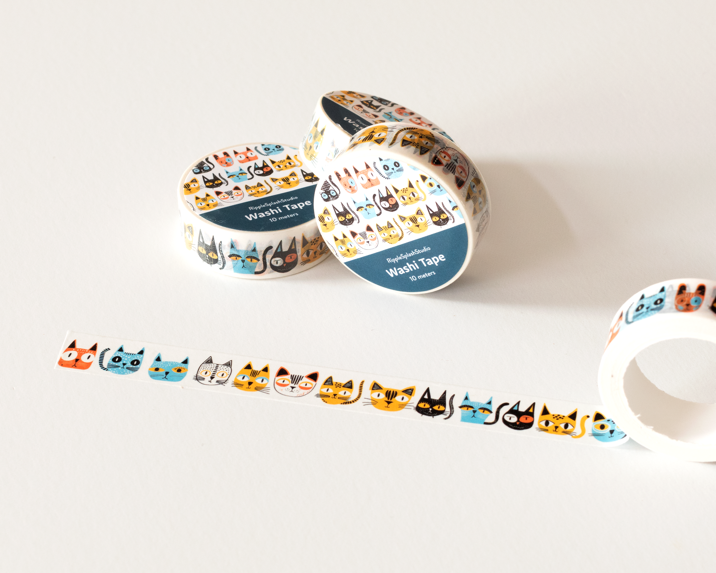 RippleSplash Studio - Wholesale Washi Tape - Playful Cat Faces Washi Tape - 15mm x 10m5