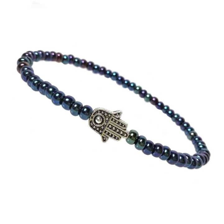 Hand Hamsa Silver Zinc-on Chakra Blues or Black Glass for wholesale by Low Tide Island Design