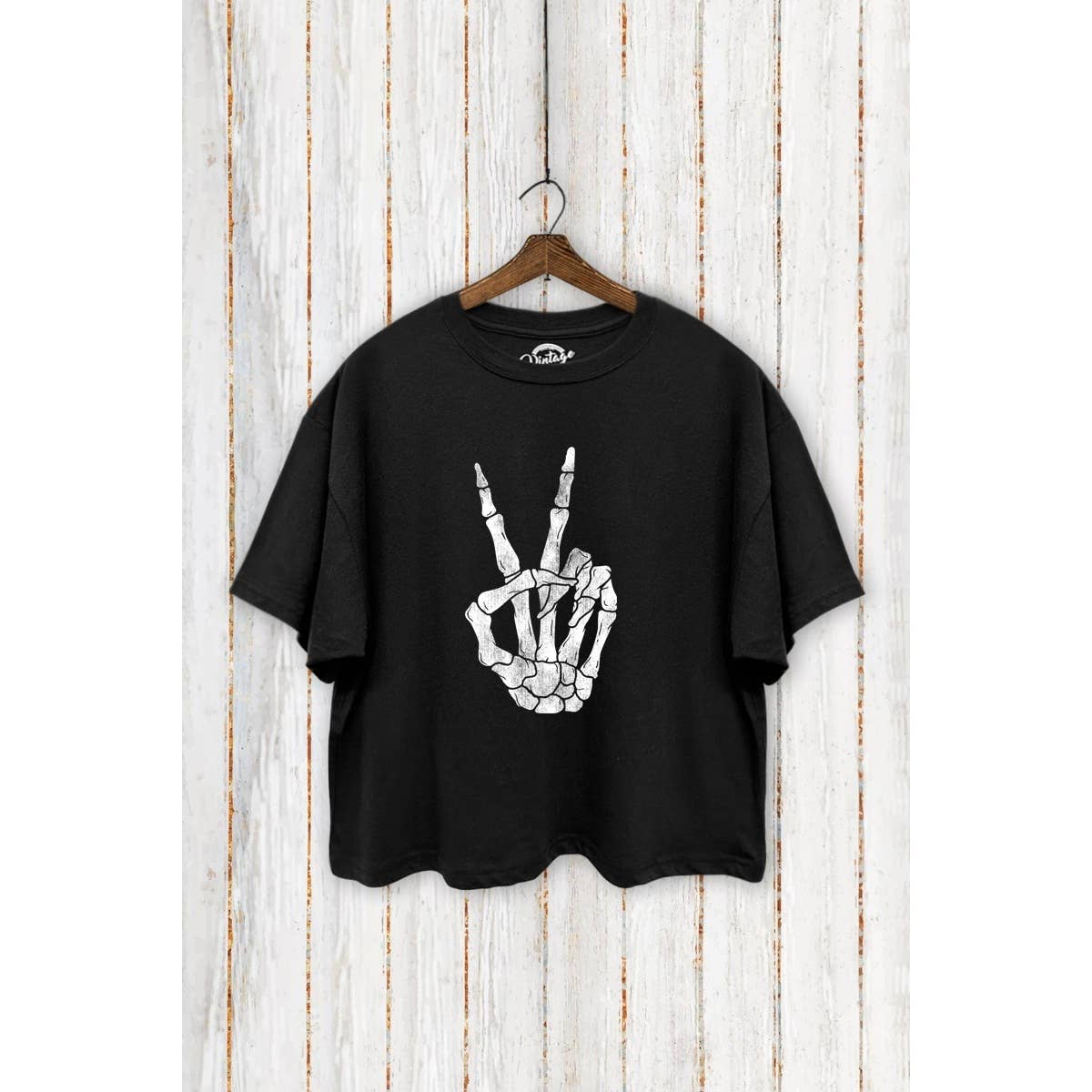 VINTAGE POINT USA - Wholesale Screen Printed T-Shirt - Women's - TC550-P5299 SKULL HANDS PEACE GRAPHIC PRINT BOXY CROP T-SHIR0