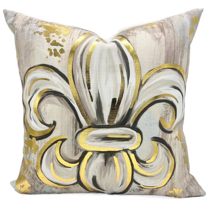 Goldfolie Neutral Fleur-de-Lis-Kissen für den Großhandel von Rachel Brooks Design, LLC
