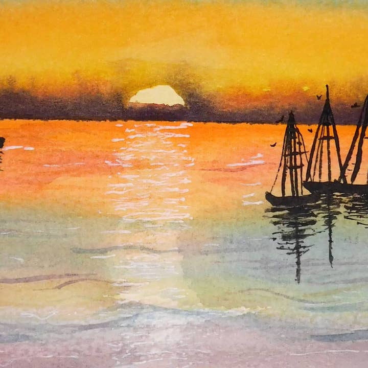 Sunset Sails Watercolor Art Print (Sailboat Sunset) for wholesale by SanBCreative