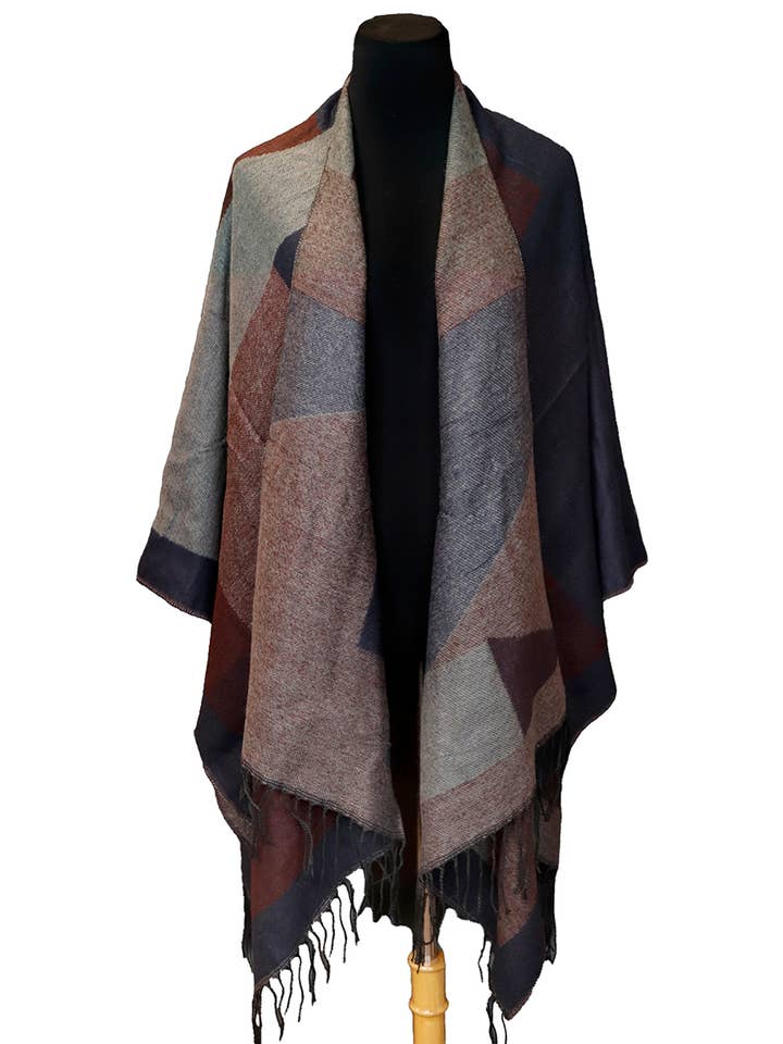 Cap Zone - Wholesale Poncho - Women's - Color Block Western Oversized Ruana Poncho