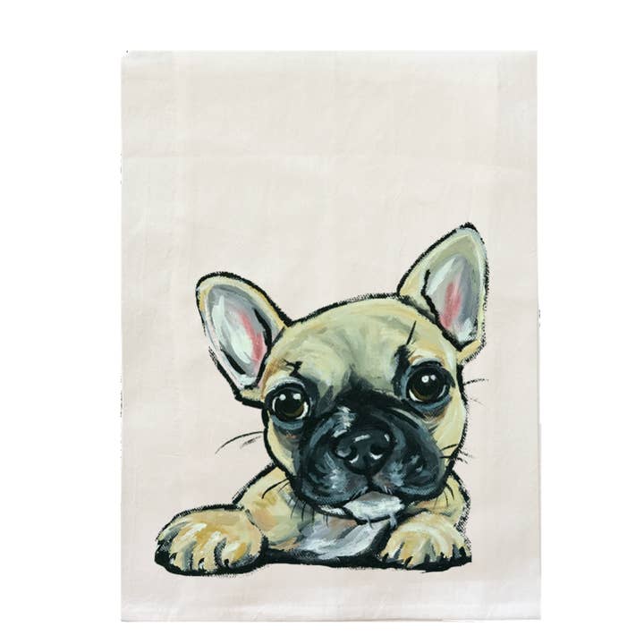Frenchie Tea Towel, Frenchie Flour Sack Towel, Kitchen Decor for wholesale by Hippie Hound Studios