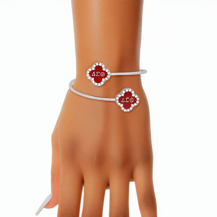 DST Sorority Rhinestone Red Clover Open Bangle for wholesale by PinktownUSA