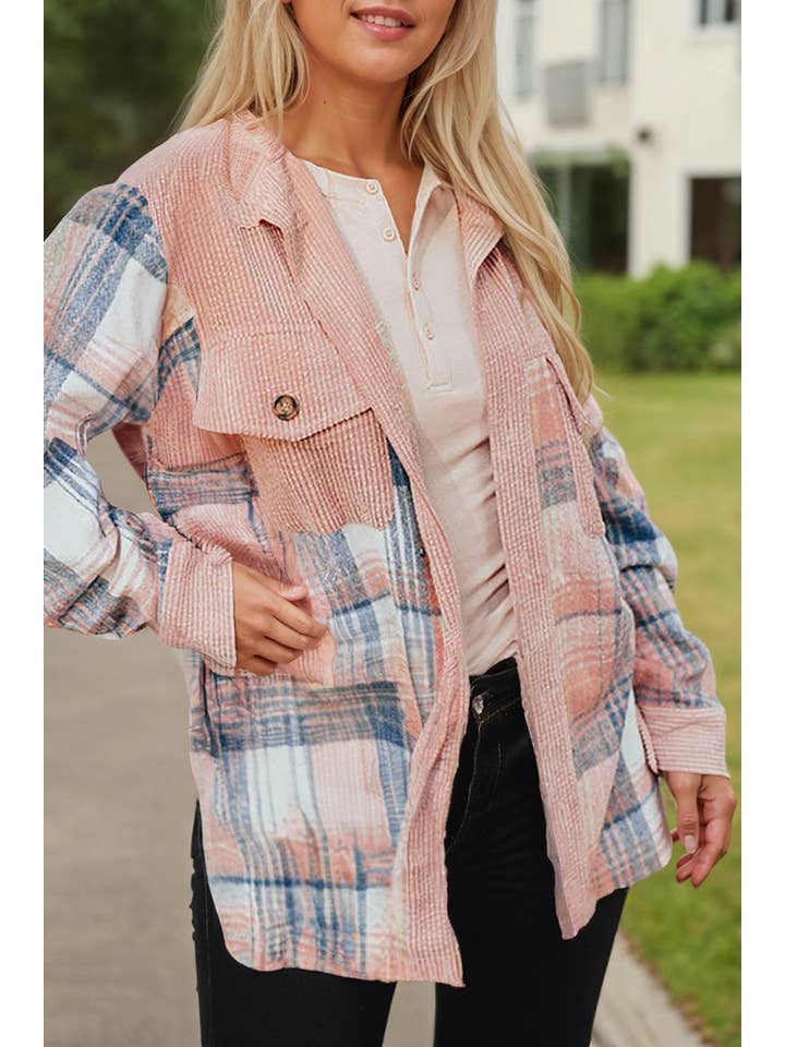 66DISCO - Wholesale Shirt Jacket/Shacket - Women's - Plaid Corduroy Patchwork Chest Pocket Shacket (S-2XL)