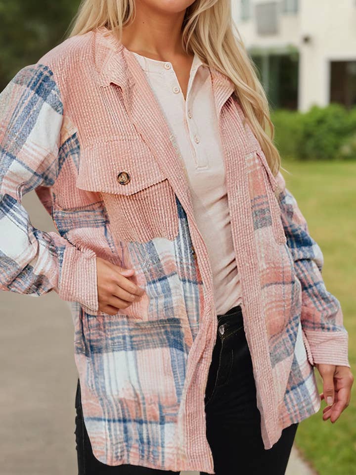 Plaid Corduroy Patchwork Chest Pocket Shacket (S-2XL) for wholesale by 66DISCO