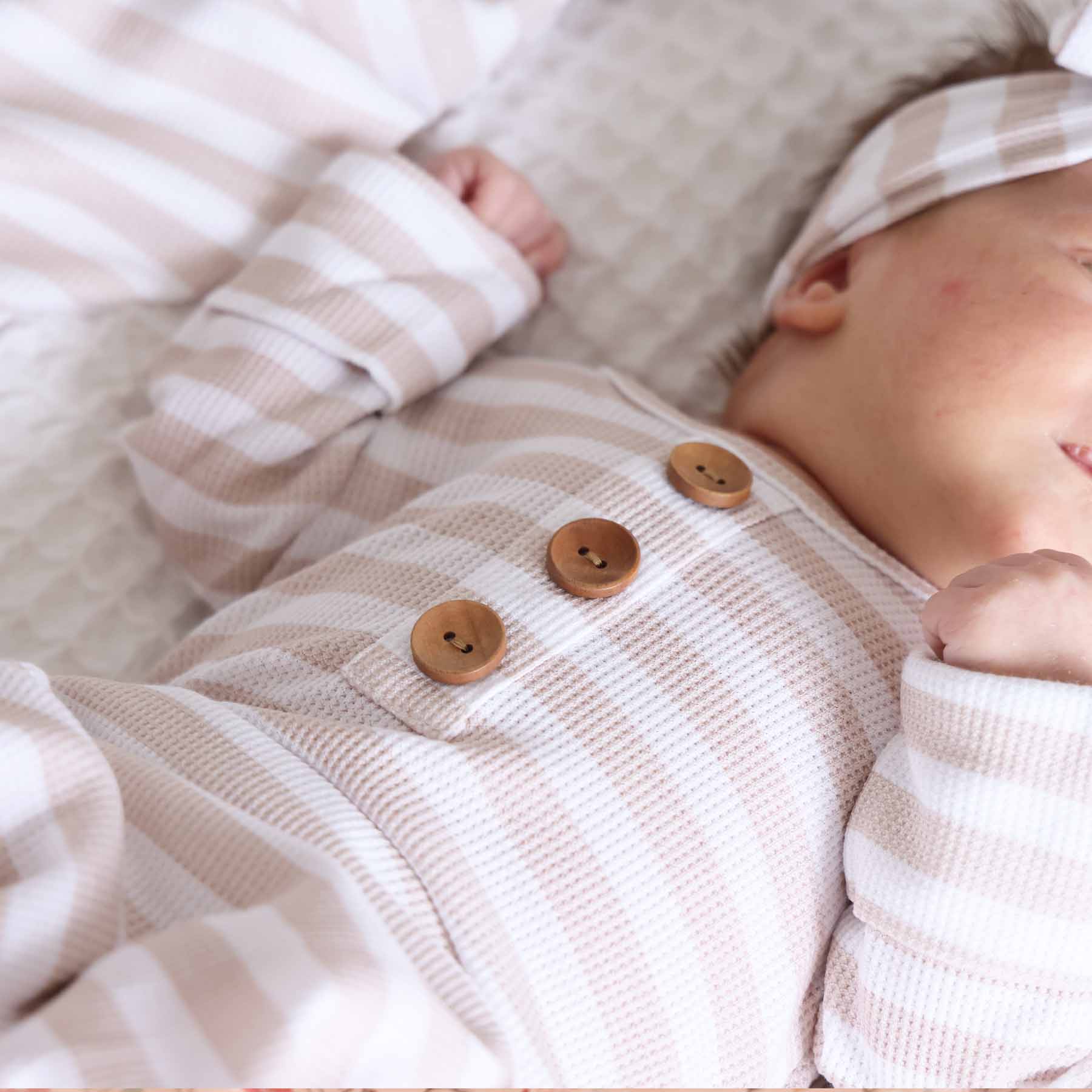 Caden Lane - Wholesale Babygown Set - Baby - Latte Stripes Bamboo Waffle Newborn Baby Knot Gown & Hat Set2