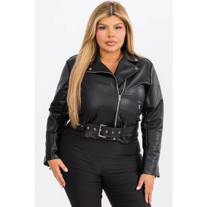 Curve Market - Wholesale Jacket - Women's - PLUS SIZE FAUX LEATHER ZIP FRONT BELTED MOTO CROP BIKER JACK