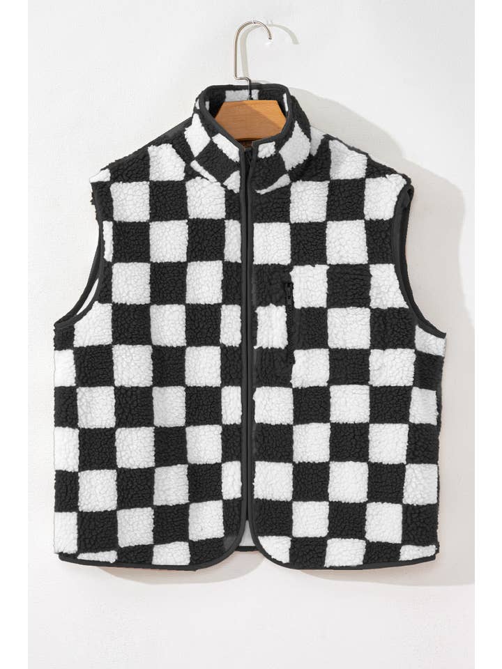 Black Checker Sherpa Zipped Jacket Vest for wholesale on Faire