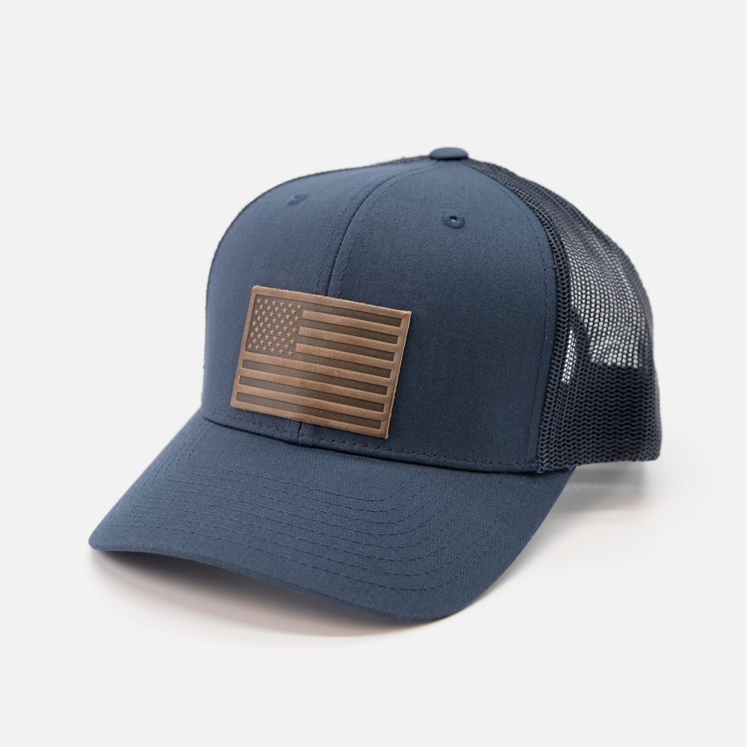 Range Leather Co. - Wholesale Trucker Hat - Unisex - American Flag Hat - Leather Patch Trucker Snapback12