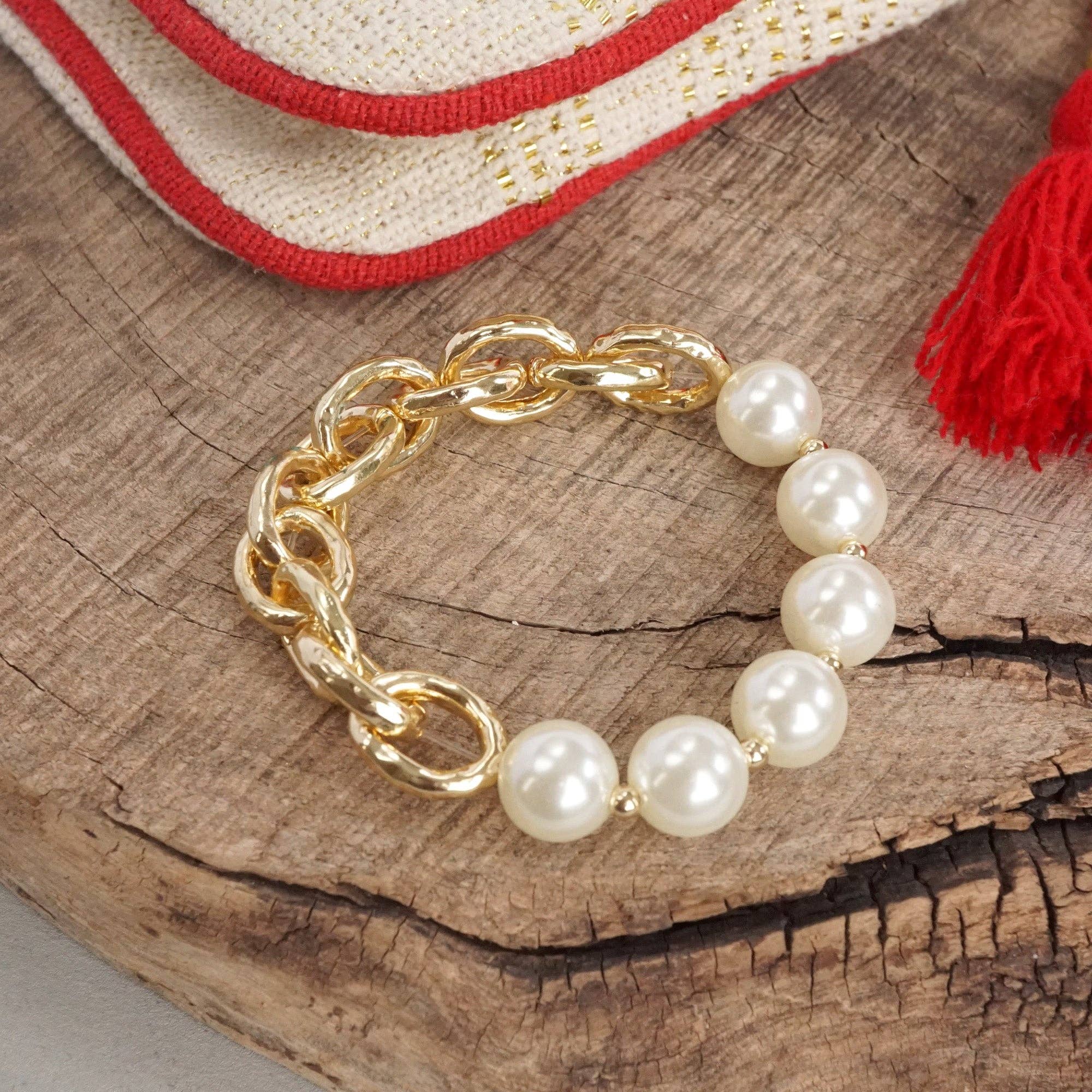 PennyLine inc - Wholesale Beaded Bracelet - Chunky Chain and pearls beads bracelet Gold tone6