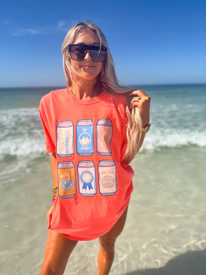 birdie - Wholesale T-Shirt (Graphic) - Women's - Preppy Beer Can Neon Red Orange Graphic Tee