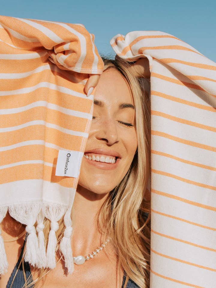 Gradient Stripe Turkish Towel, Terry Cloth Back, Orange
for wholesale by InfuseZen