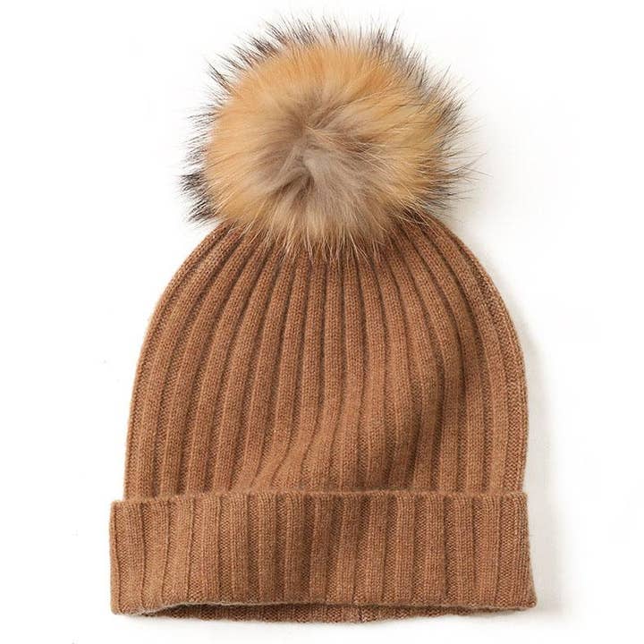 Cashmere Ribbed Beanie with Eco PomPom Mont Blanc Caramel for wholesale by Hommard