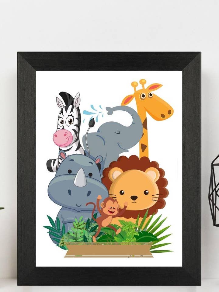 Sort indrammet Safari Animal Nursery Print Plakat Vægkunst for engroshandel hos Second Ave Gift Company