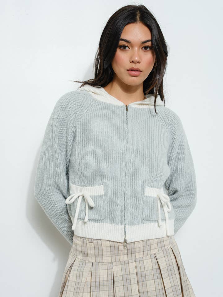 Dusty Blue KNIT BOW ZIP UP HOODIE for wholesale on Faire