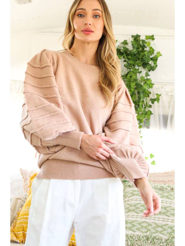 Vine & Love - Wholesale Knit Sweater - Women's - Crew Neck Textured Puff Sleeve Knitted Sweater Top VT70364